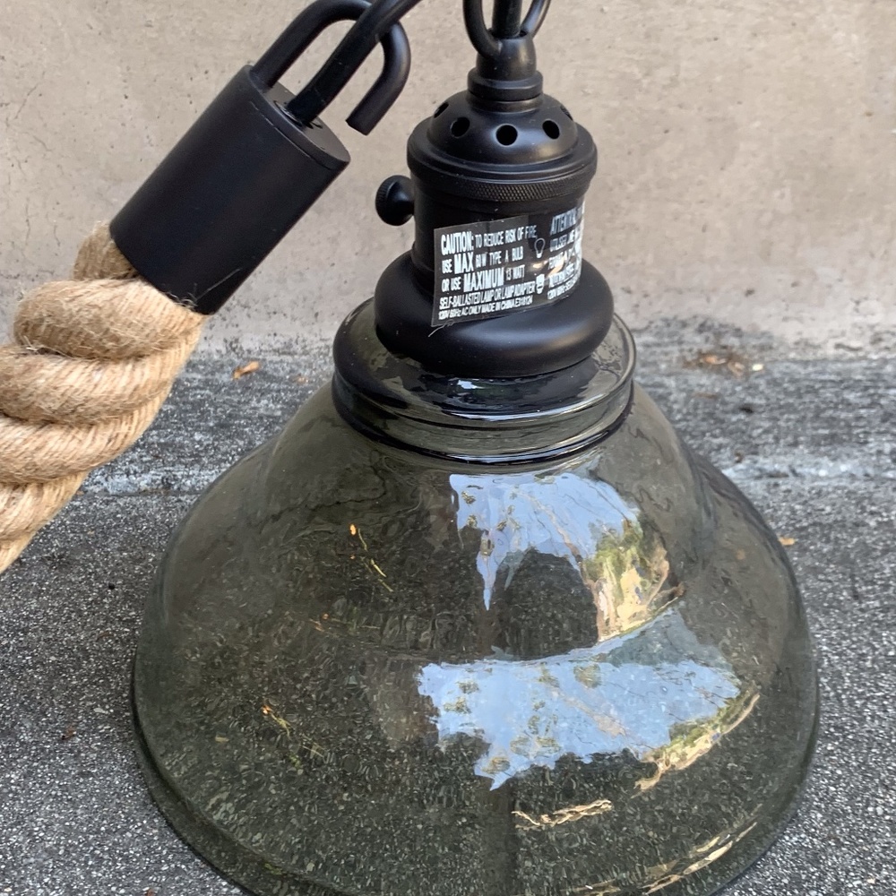 POTTERY BARN Rustic Electrical Hanging Rope Light. Smoke glass shade. BRAND NEW